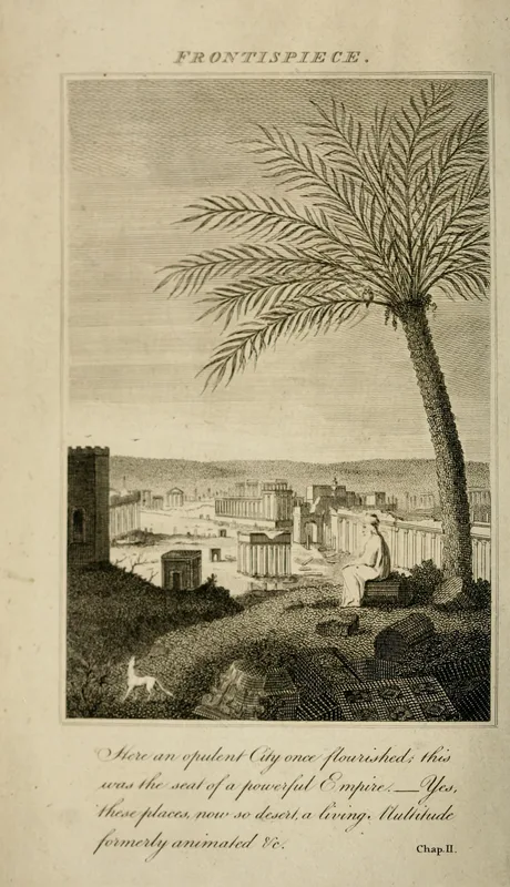 The frontispiece of the 1795 London edition of The Ruins: a palm among the columns.