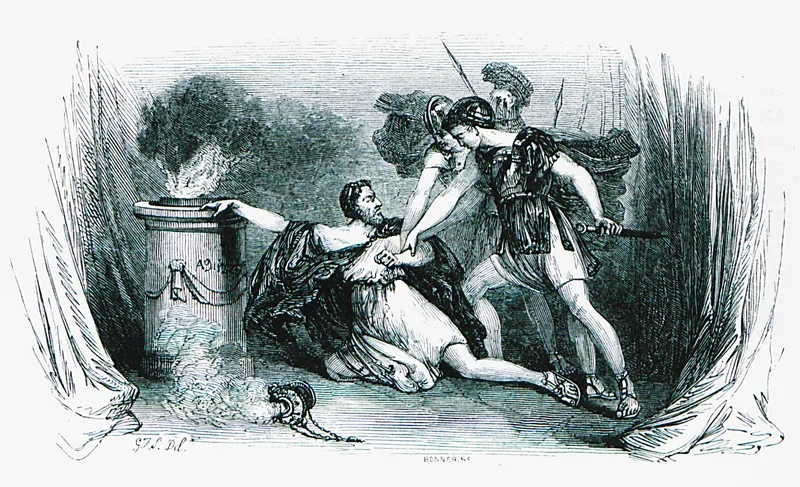 Theramenes seized at the altar by order of Critias, a wood engraving of 1882.