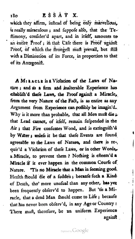 A page of the essay Of Miracles: "A miracle is a violation of the laws of nature."