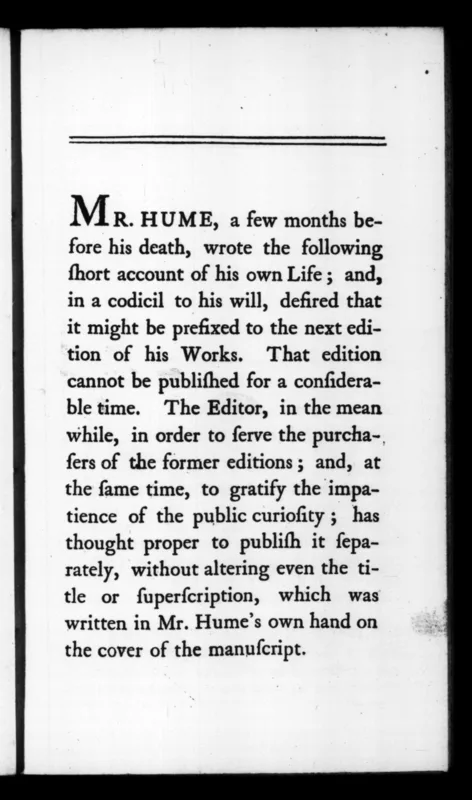 The opening page of My Own Life (1777), the autobiography Hume wrote four months before he died.