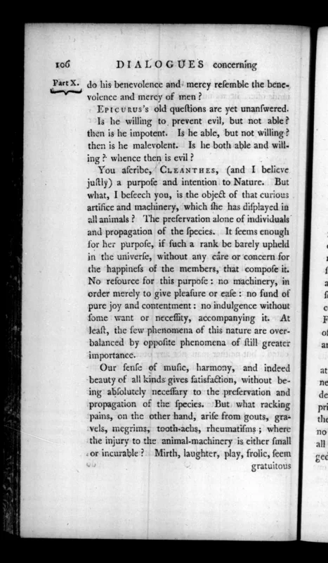 A page of the first edition of the Dialogues concerning Natural Religion (1779) with "Epicurus's old questions."