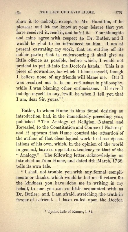 The page of Burton's Life that prints Hume's 1737 letter: "I am at present castrating my work."