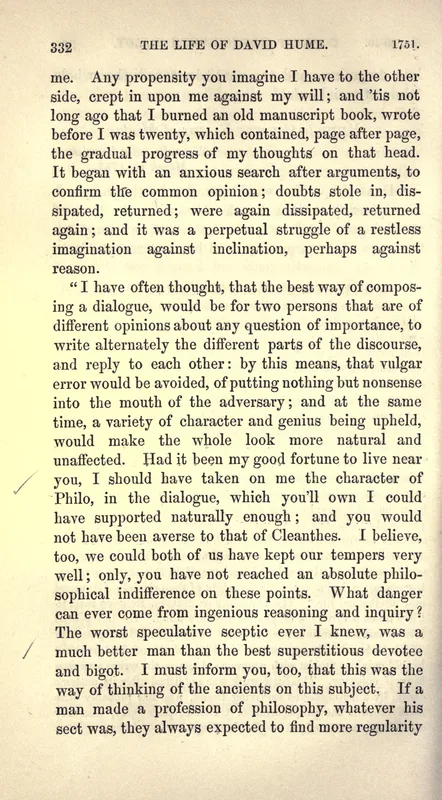 The page of Burton's Life and Correspondence of David Hume (1846) that prints the letter about the burned manuscript.