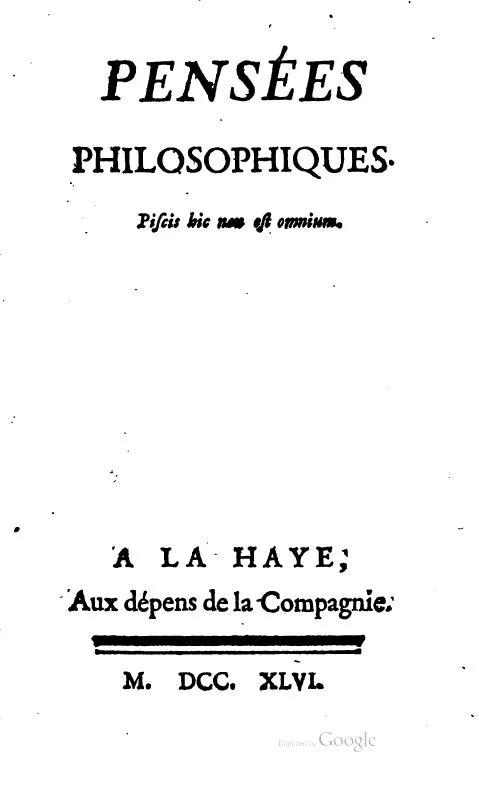 The title page of the Pensées philosophiques, 1746.