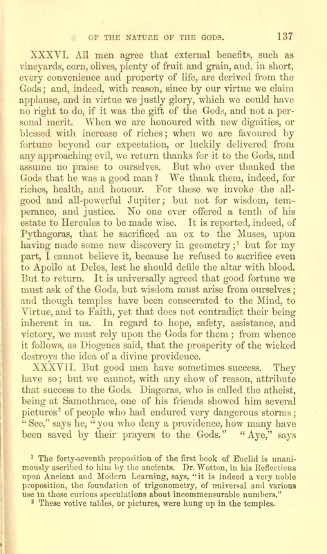 Cicero's On the Nature of the Gods in Yonge's translation of 1878. Here Cotta tells the story of Diagoras and the votive paintings at Samothrace.