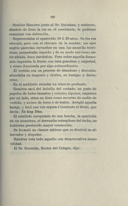 Page 189 of Guillermo Prieto's Memorias de mis tiempos, 1906: Ramírez's paper was headed "No hay Dios."