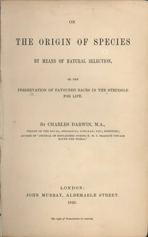 The title page of Darwin's On the Origin of Species, 1859, which Adams called "the bombshell" in his Cambridge speech of 1998.