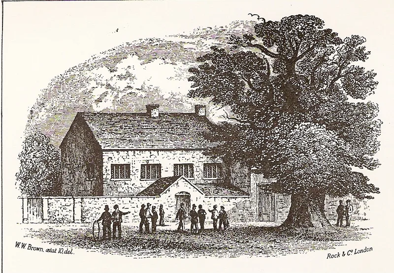 Brentwood School and the Martyr's Elm, from a print of 1847. Adams was a boarder at the school from 1964 to 1970.