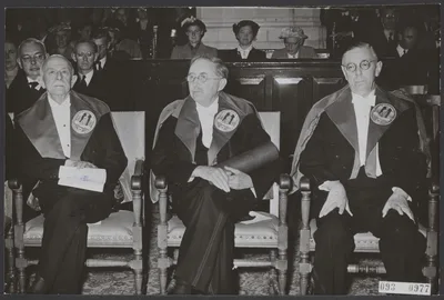 E. M. Forster, one of the three figures, receiving an honorary doctorate at Leiden in 1954, with Jean Schlumberger and Victor van Vriesland.