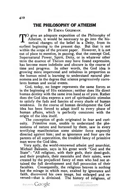 The first page of "The Philosophy of Atheism," Mother Earth, February 1916.