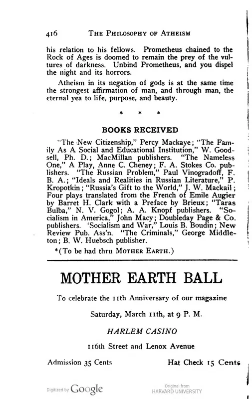 Page 416 of Mother Earth, February 1916: "the eternal yea to life, purpose, and beauty."