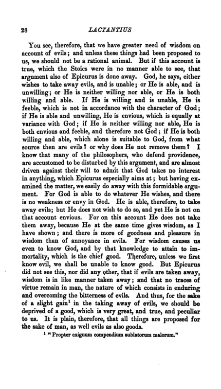 Lactantius, On the Anger of God, in the Ante-Nicene Christian Library (1871), p. 28: the dilemma he attributed to Epicurus.