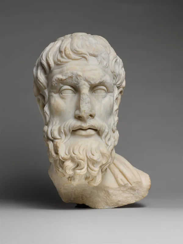 A head of Epicurus, a Roman copy of the second century CE, in the Metropolitan Museum of Art.