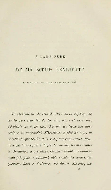 The dedication of the Vie de Jésus (1863) to his sister Henriette.