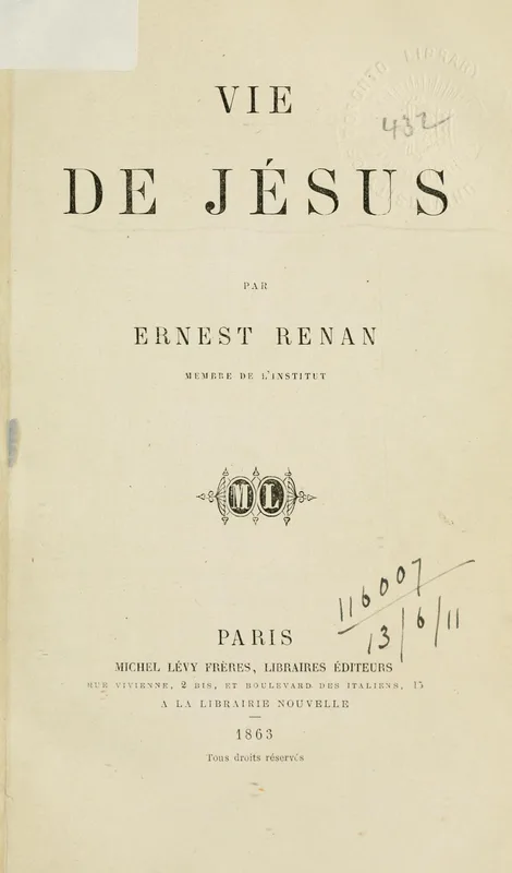 The title page of the first edition of Vie de Jésus (1863).