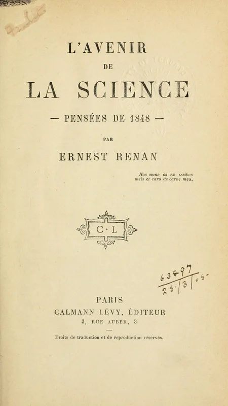The title page of L'Avenir de la science (1890), written in 1848.