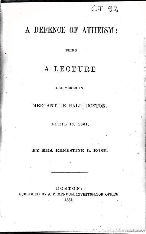 The title page of A Defence of Atheism, her lecture at Mercantile Hall, Boston, 10 April 1861.