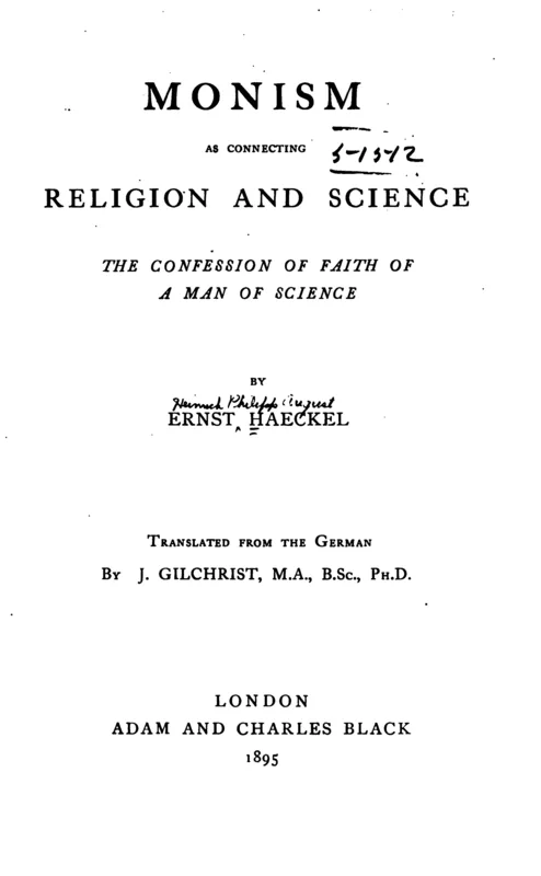 The title page of the English edition of the Altenburg lecture, Monism as Connecting Religion and Science, 1895.