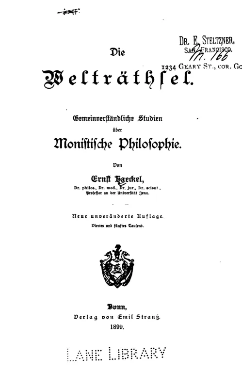 The title page of Die Welträthsel, Bonn, 1899.