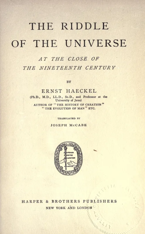 The title page of The Riddle of the Universe, the English translation by Joseph McCabe, 1900.