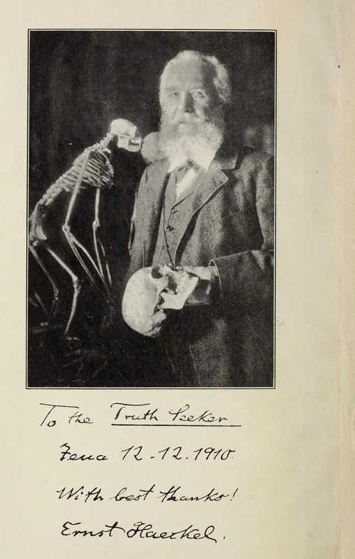 Haeckel in 1910, a photograph inscribed to the American freethought paper The Truth Seeker, which published his "My Church Departure" in English.