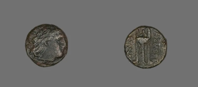 A coin of Cassander, king of Macedon, struck between 316 and 297 BCE. Euhemerus was "a friend of King Cassander."