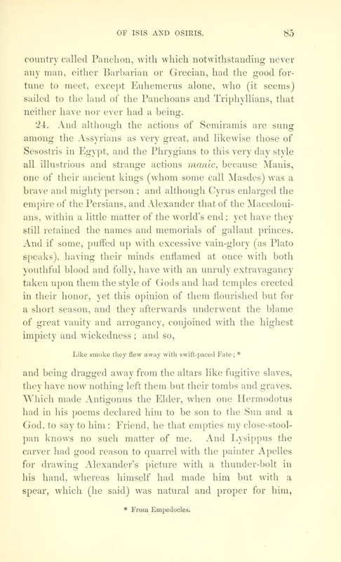 Plutarch's essay on Isis and Osiris in the Goodwin edition of 1878. Here Plutarch says that Euhemerus "spread all manner of Atheism throughout the world."