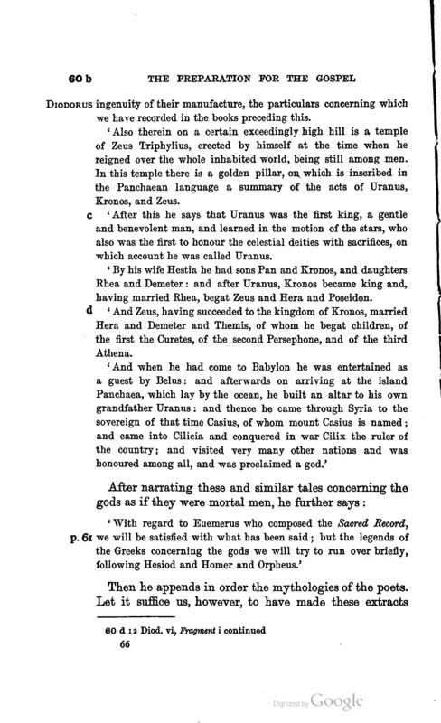 Eusebius's Preparation for the Gospel in E. H. Gifford's translation, 1903. This page preserves Diodorus's account of Euhemerus and the golden pillar, the longest surviving report of the book.
