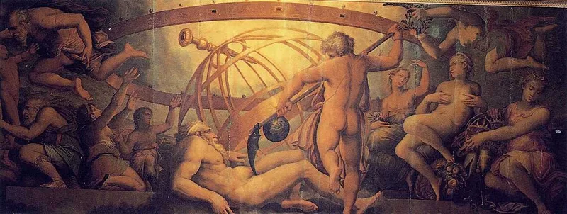Uranus and Kronos, in an early modern engraving. Euhemerus made them the first kings of the world.