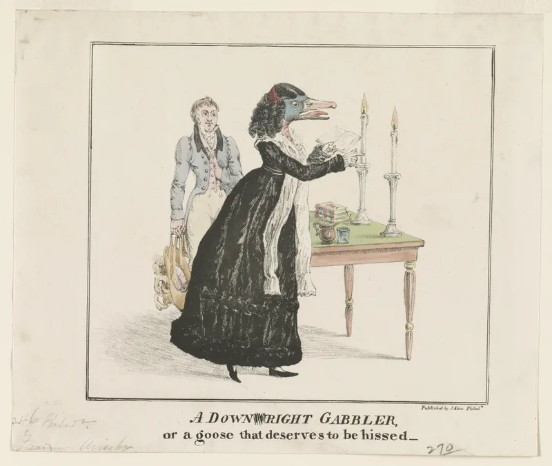 A Downright Gabbler, or a Goose that Deserves to be Hissed, a hostile print published by James Akin in Philadelphia in 1829.