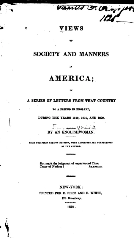 The title page of Views of Society and Manners in America (London, 1821), published anonymously "by an Englishwoman."