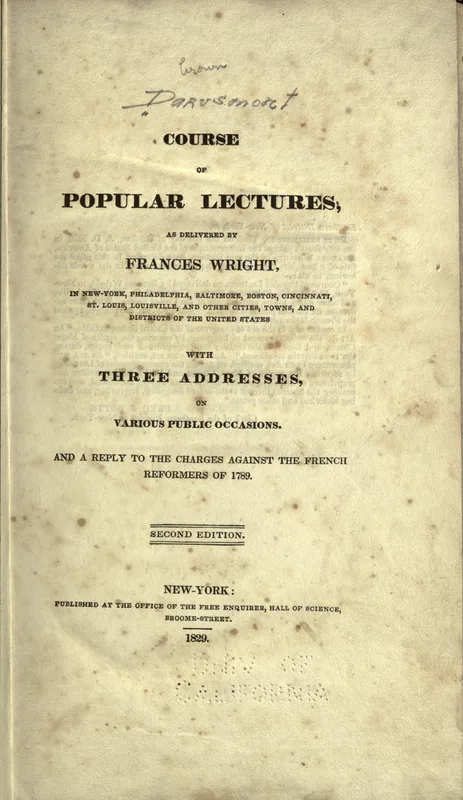 The title page of Course of Popular Lectures (New York, 1829), printed at the Free Enquirer office in the Hall of Science.