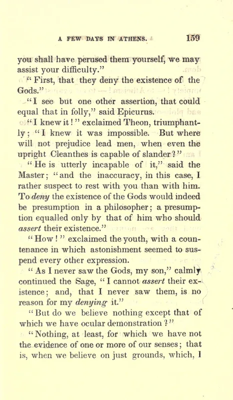 Page 159 of A Few Days in Athens (Boston edition, 1850), where Epicurus says he "cannot assert" the existence of the gods.