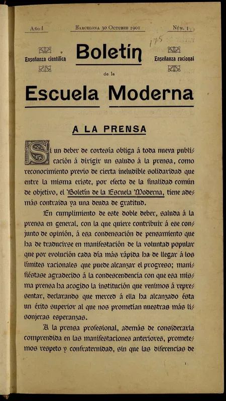 The first number of the Boletín de la Escuela Moderna, October 1901.