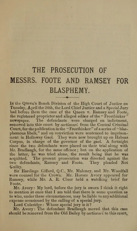 The Full Report of the trial of Foote and Ramsey before Lord Coleridge, April 1883, page 1.