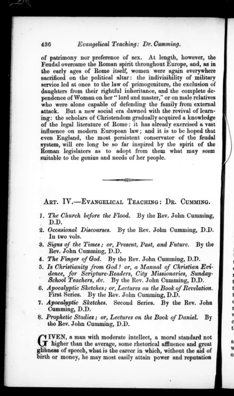 The Westminster Review, October 1855, p. 436: "Evangelical Teaching: Dr. Cumming."