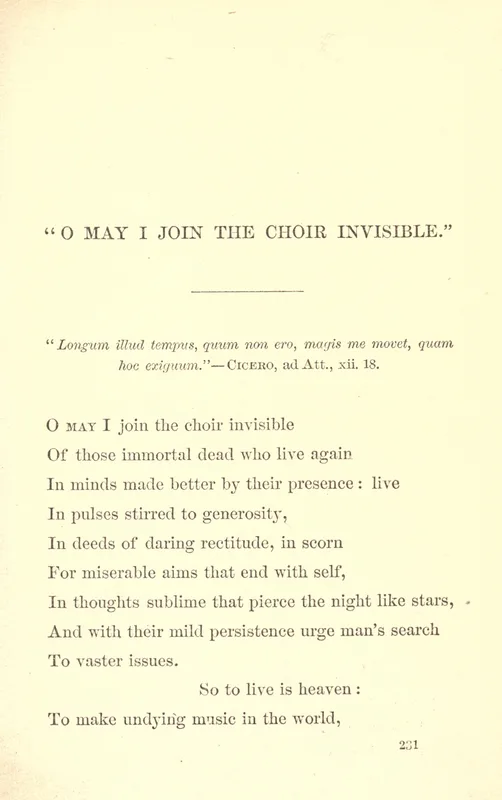The Legend of Jubal and Other Poems (1874), p. 231: "O may I join the choir invisible."