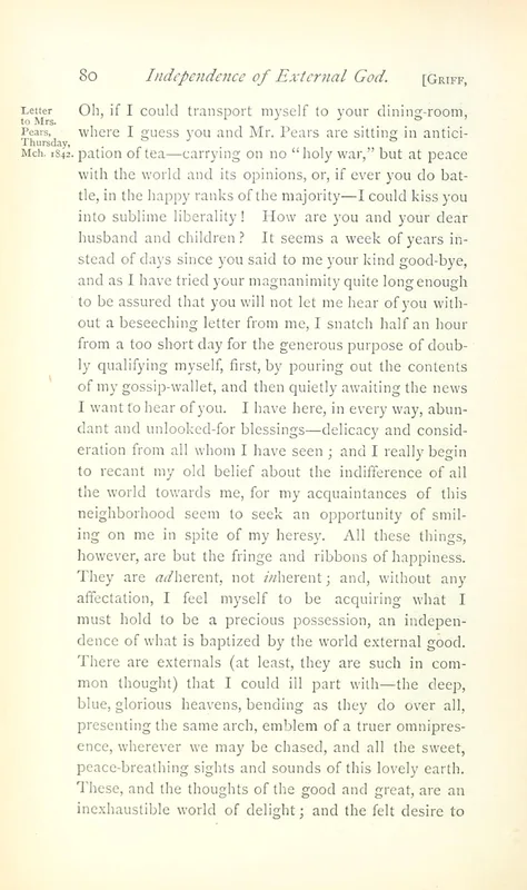 The letter to Mrs. Pears, March 1842, Cross I p. 80: "carrying on no 'holy war'."