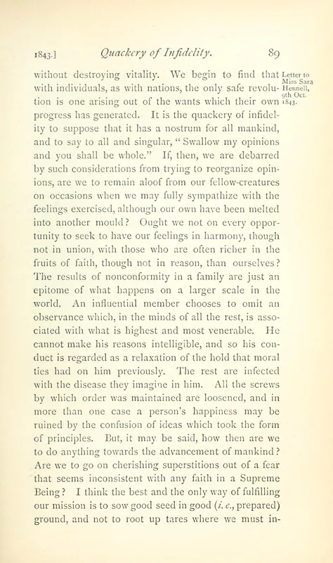 Cross I, p. 89: "the quackery of infidelity."