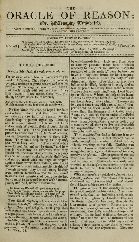 The Oracle of Reason, volume II, 1842.