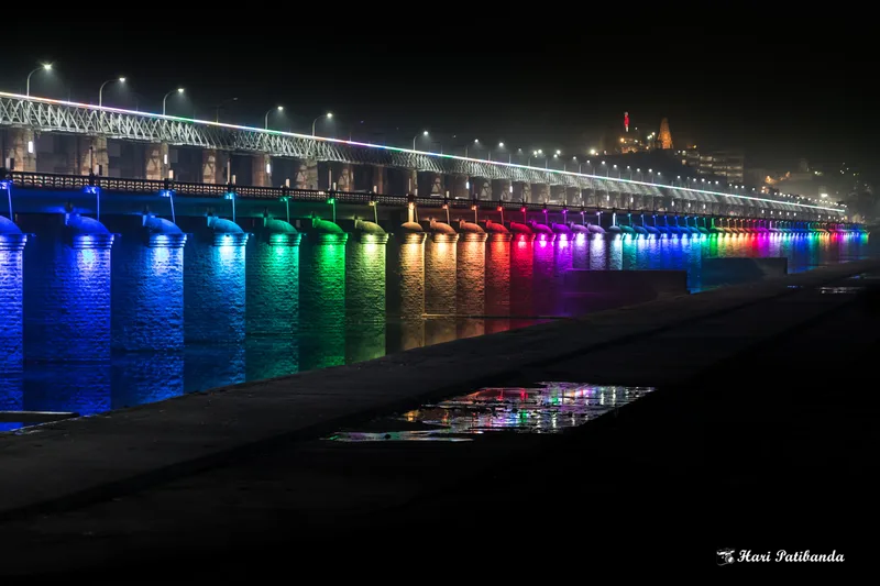 The Krishna river at Vijayawada, with the Prakasam Barrage, in 2016. The Atheist Centre has been at Patamata, Vijayawada, since 1947 or 1948.