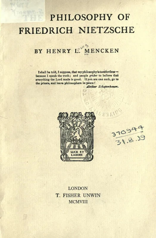 The title page of Mencken's The Philosophy of Friedrich Nietzsche (London, 1908).