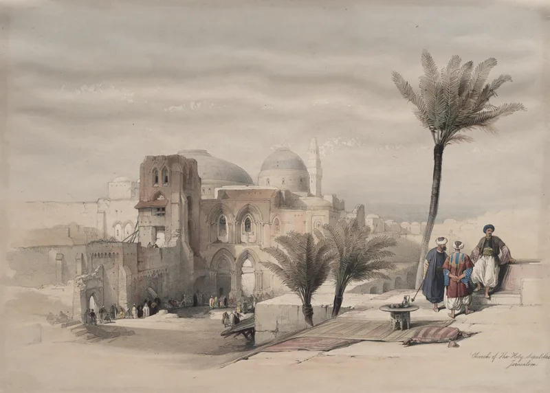 The Holy Sepulchre, Jerusalem, in a lithograph after David Roberts, 1839.
