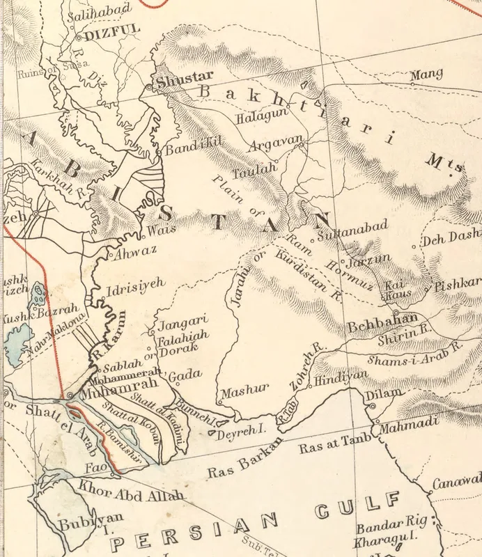 Ahwaz on the Karun river, from Stanford's map of the Euphrates valley, 1900. Several accounts say he died there in the house of a Jewish patron.