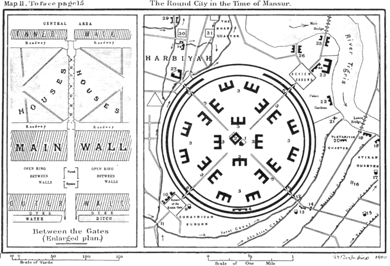 The Round City of Baghdad as the caliph al-Mansur built it, in Guy Le Strange's reconstruction of 1900.