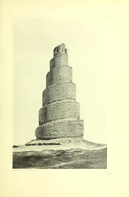 The spiral minaret of the Great Mosque of Samarra, built for al-Mutawakkil, photographed for Sarre and Herzfeld's survey of 1911.