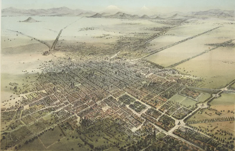 Mexico City from a balloon, in Casimiro Castro's México y sus alrededores (1869).