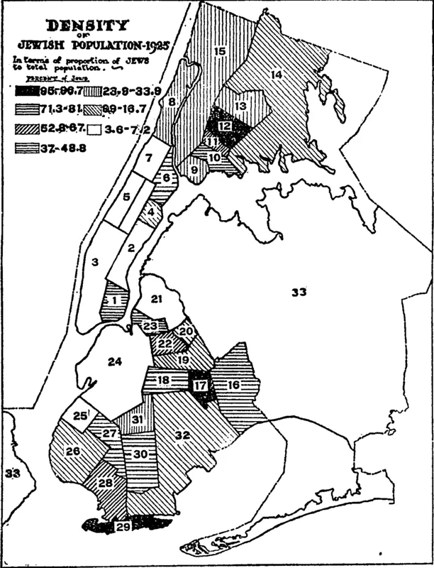 The Jewish community of New York in 1925, from a map of 1928. Brownsville, in Brooklyn, is among the districts marked.