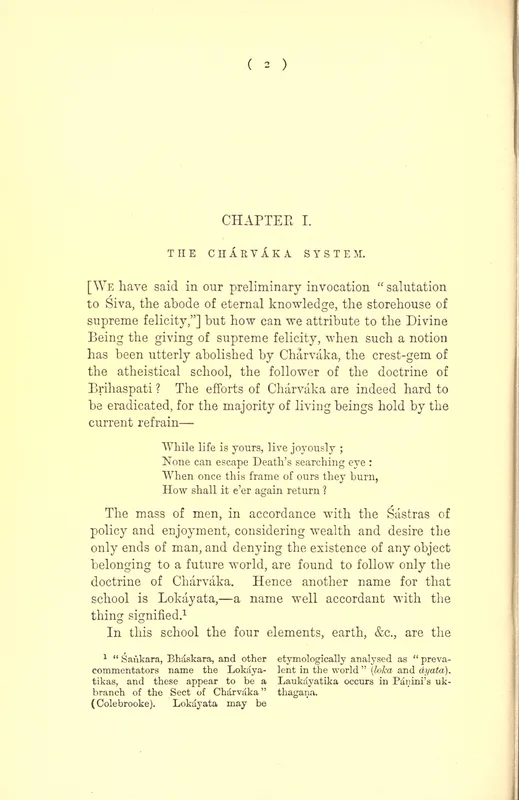 The opening of the chapter on the Cārvāka system in Mādhava's fourteenth-century survey of Indian philosophies, in the English of 1882. Mādhava, a Vedāntin, describes the tradition Jayarāśi came from; he never mentions Jayarāśi.