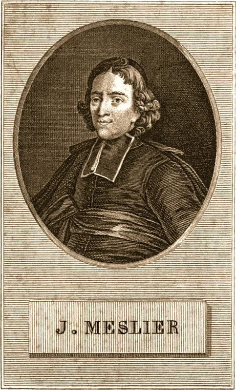 An imagined likeness of Jean Meslier, from an engraving of 1802. No authentic portrait of him exists.